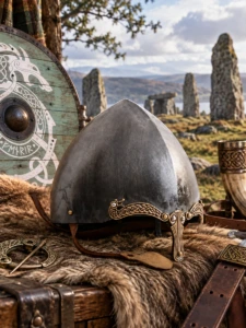 Casco Celta Medieval – Acero Ennegrecido y Latón Grabado