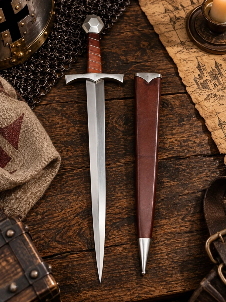 Daga Medieval Forjada de Hoja Gruesa sin Filo con Vaina de Cuero - 1