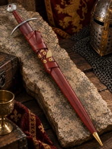 Espada Medieval Tipo XIV del Siglo XIII con Vaina de Cuero Granate