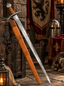 Espada Medieval Tipo XV del Siglo XIV con Pomo de Rueda y Cruceta Curva