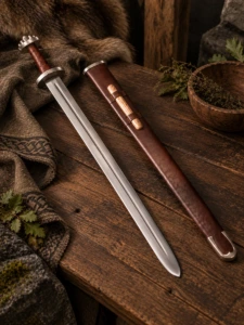 Espada Vikinga de Pomo de Cinco Lóbulos con Vaina de Cuero