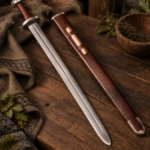 Espada Vikinga de Pomo de Cinco Lóbulos con Vaina de Cuero