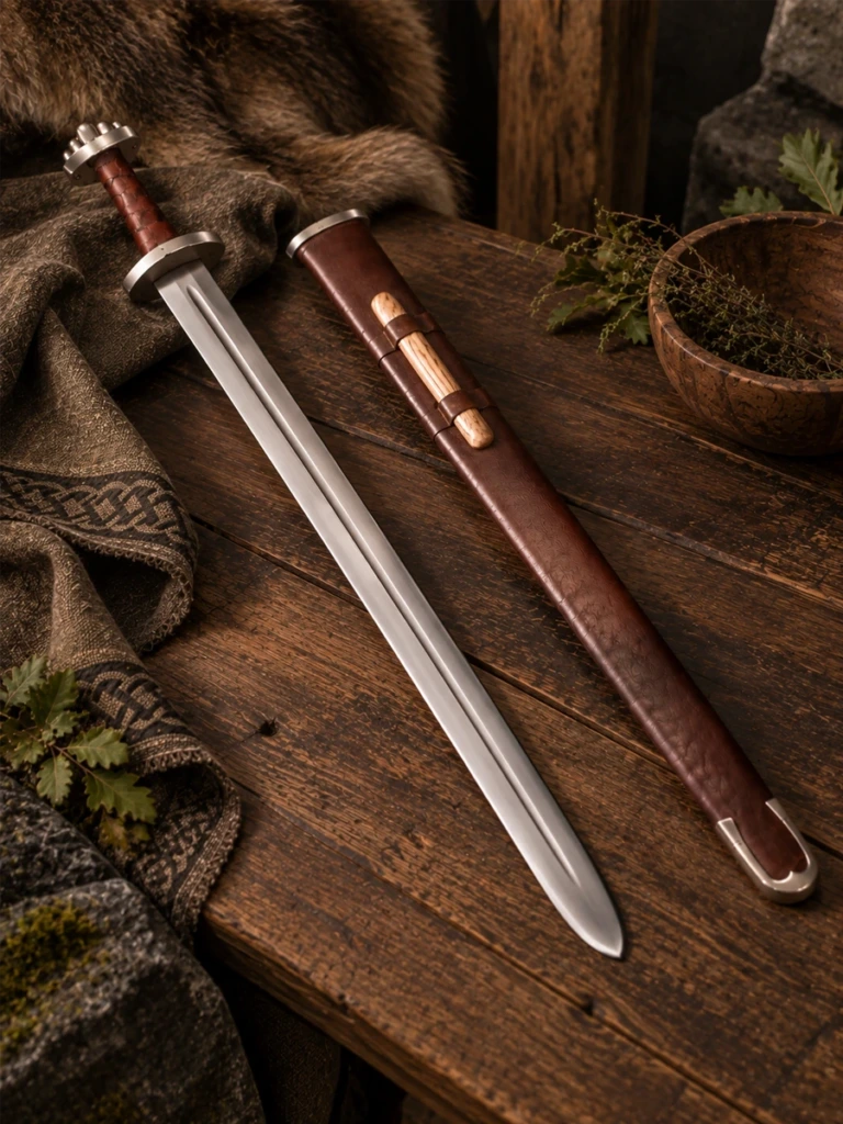 Espada Vikinga de Pomo de Cinco Lóbulos con Vaina de Cuero - 1