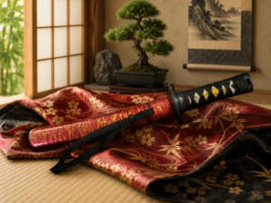 Tantō Japonés Rojo y Oro con Hoja Violeta – Acero 1045