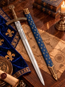 Espada medieval francesa del s. XIV con flor de lis y vaina azul, 109 cm