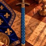 Espada medieval francesa del s. XIV con flor de lis y vaina azul, 109 cm - 2