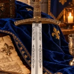 Espada medieval francesa del s. XIV con flor de lis y vaina azul, 109 cm - 3